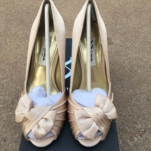 Nina Forbes YS Gold Royal Satin Peep-Toe Pumps